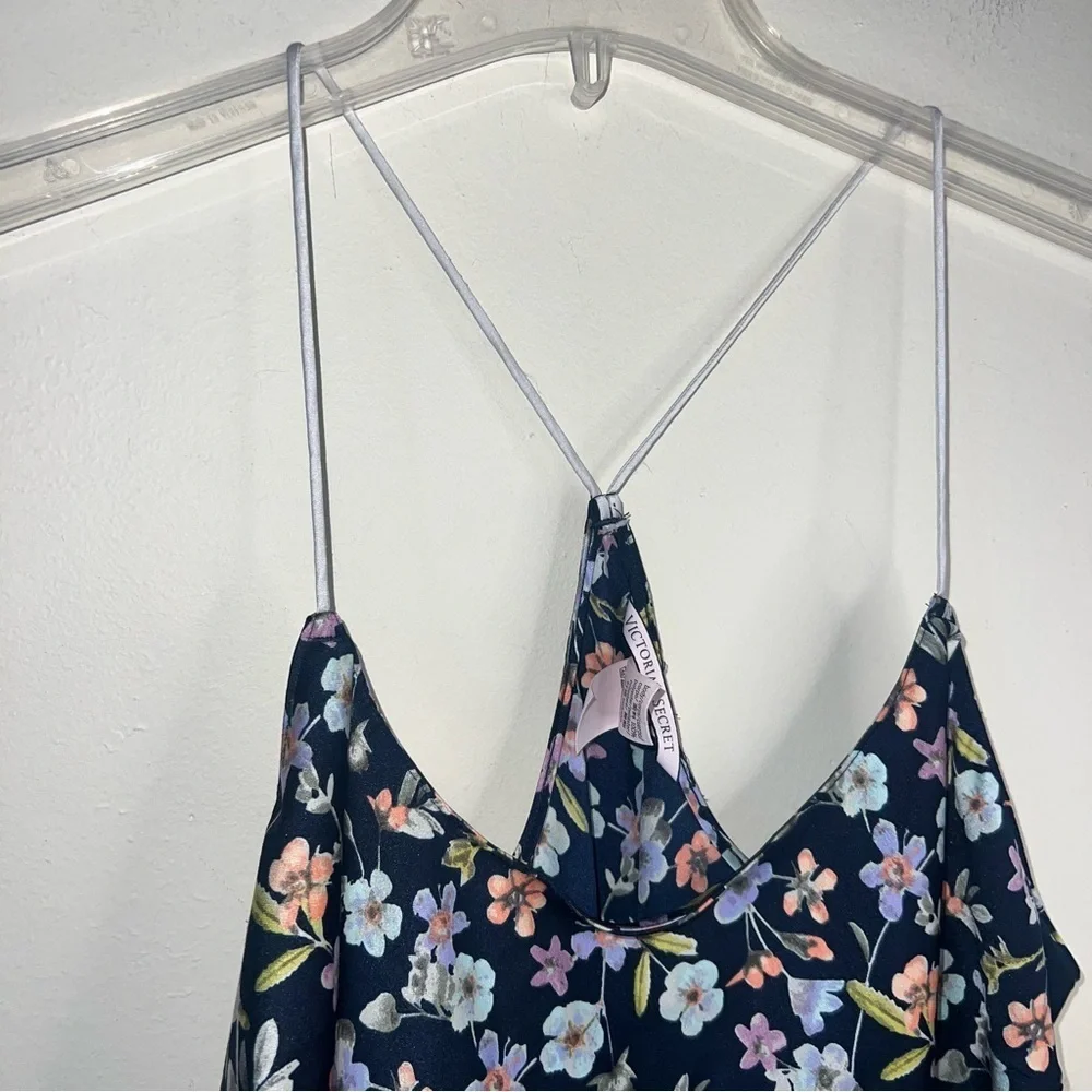 Victoria’s Secret Satin Cami Top with Racerback Spaghetti Straps Navy Floral Med